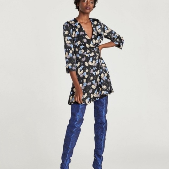 Zara Black Floral Printed Faux Wrap Dress S - Picture 4 of 10